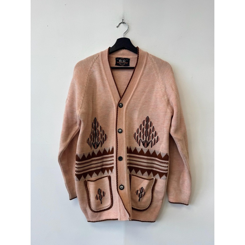 VIntage‎ R.K. Cardigan Sweater Mens Small Tribal Geometric Knit Pockets Western